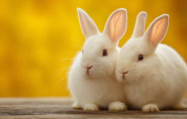 Obraz premium Adorable pair of white rabbits snuggling, perfect for Easter promotions, spring designs, or animal-themed projects, conveying warmth and companionship