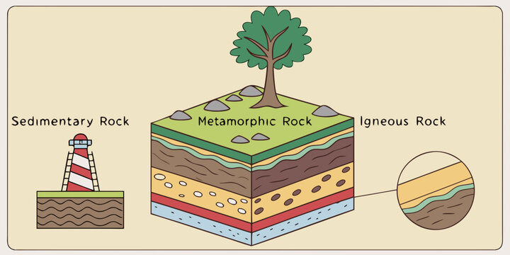 Illustration showcasing sedimentary, metamorphic, and igneous rock formations, with a tree growing on top of the metamorphic rock layer