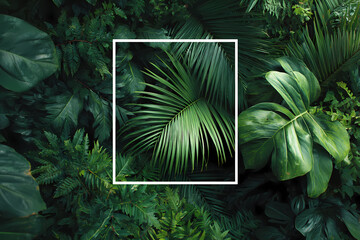 Tropical jungle leaves background with white square frame