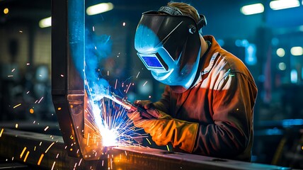 Industrial worker welding metal structure with sparks in factory workshop