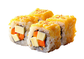 Four cheese and carrot sushi rolls, golden-yellow sauce, sesame seeds