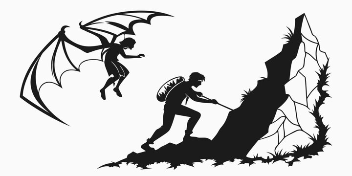 Silhouette of a climber and a winged man, symbolizing adventure, challenge, and the pursuit of dreams in a fantasy setting