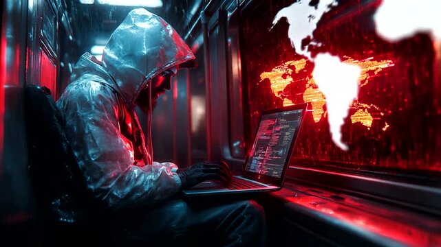 Hacker in a futuristic train with glowing map backdrop