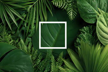 Tropical jungle leaves background with white square frame