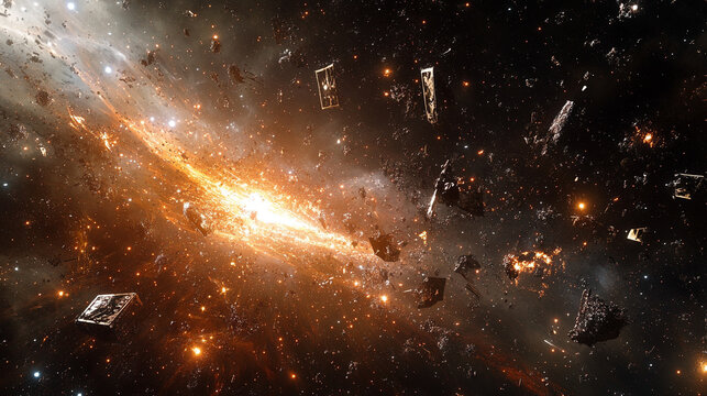 Space debris dissolving into glowing light particles with dynamic motion and cosmic energy representing transformation, futuristic space visualization, digital effects, and abstract celestial phenomen