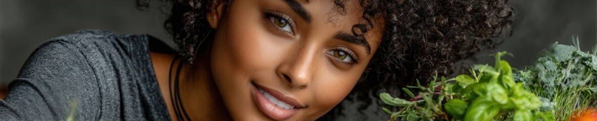 Smiling woman in organic cotton t-shirt watering small indoor herb garden on office desk, bright natural light, clean white background, authentic mood.