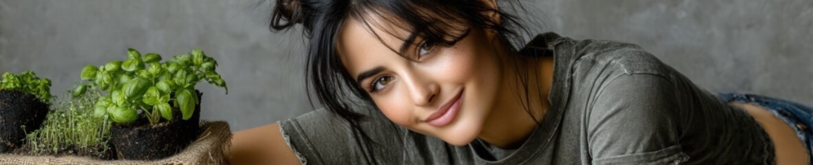 Smiling woman in organic cotton t-shirt watering small indoor herb garden on office desk, bright natural light, clean white background, authentic mood.