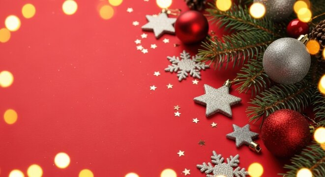 Festive christmas background with red ornaments and bokeh lights