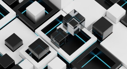 Abstract Black and White Cubes with Blue Lines.