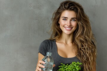 Smiling woman in organic cotton t-shirt watering small indoor herb garden on office desk, bright natural light, clean white background, authentic mood.