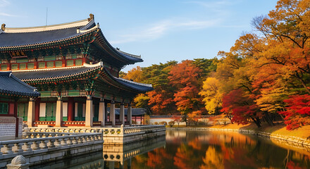 Korean Traditional Palace reflecting vibrant autumn colors