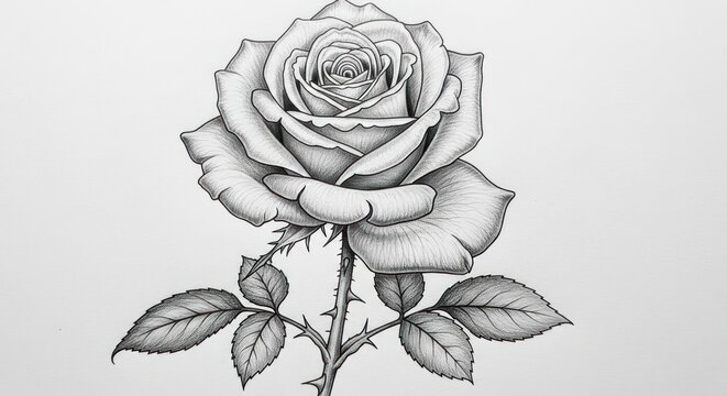 Beautiful Hand-Drawn Rose Sketch with Detailed Petals and Leaves.