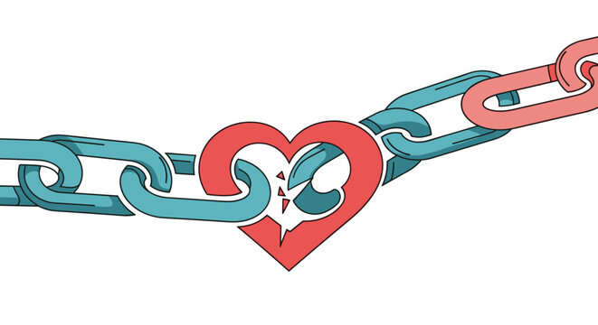 A symbolic image of a chain with a broken red heart as a central link, representing vulnerability, broken bonds, or a fragile connection.