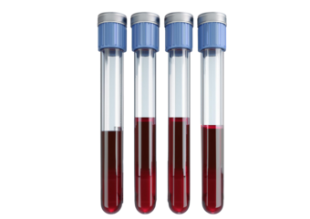Test tubes with blood. Plastic medical flasks. isolated on a transparent or white background