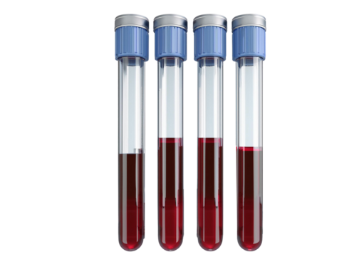 Test tubes with blood. Plastic medical flasks. isolated on a transparent or white background