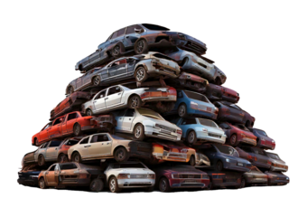 Towering pile of junk cars isolated on a transparent or white background