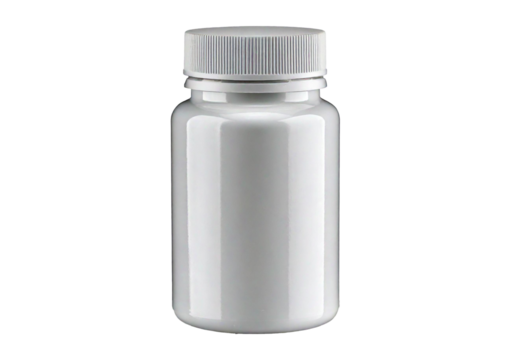 White plastic pill bottle with a screw-on cap. Suitable for storing vitamins, supplements, isolated on transparent or white background