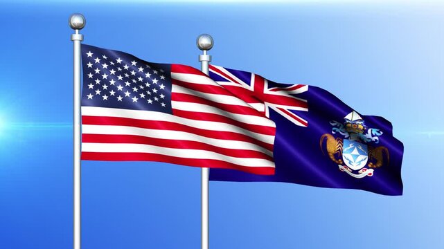 USA and Tristan da Cunha Flag Waving on Pole Loop