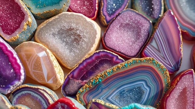 Colorful polished geode crystals with gold edges in close-up view