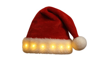 Santa hat illuminating festive holiday season. Red and white christmas cap with glowing led lights