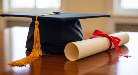 Graduation Cap and Diploma on Wooden Table.