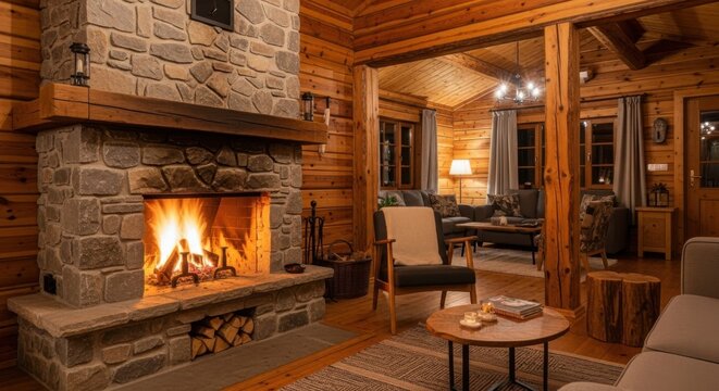 Cozy log cabin living room with stone fireplace and warm ambiance