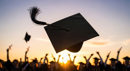 Graduation Celebration with Caps Thrown in the Air at Sunset.