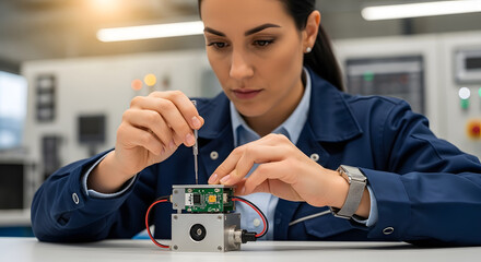 Female Engineer Adjusting Sensor Device Close-Up