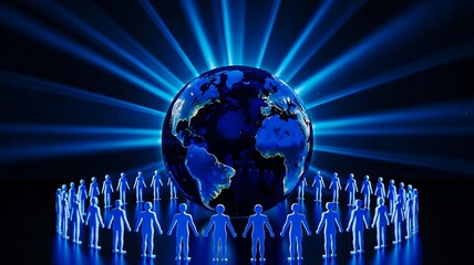 Blue glowing globe surrounded by connected people symbolizing global unity

