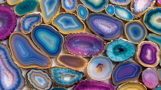 Colorful agate slices in various shapes and sizes with vibrant hues