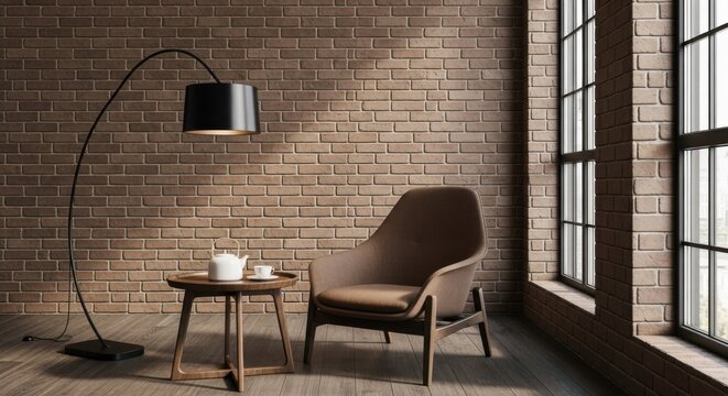Modern arc floor lamp and armchair in industrial loft space
