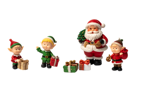Santa claus figurine with christmas tree and three elf figurines with gifts, on a white background