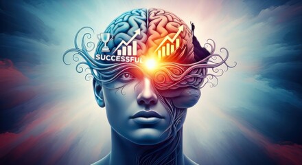 Human Brain with Glowing Light and Business Graph.