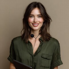 Confident diverse female team leader smiling during a video conference on a tablet in a light olive studio, professional and approachable mood.