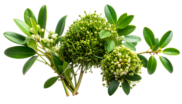 Green leafy branches with small white flowers and round green clusters on transparent and white background