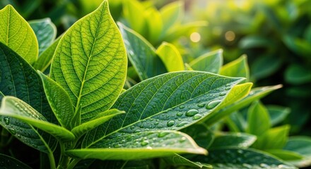 Lush Green Leaves with Water Droplets in Sunlight.