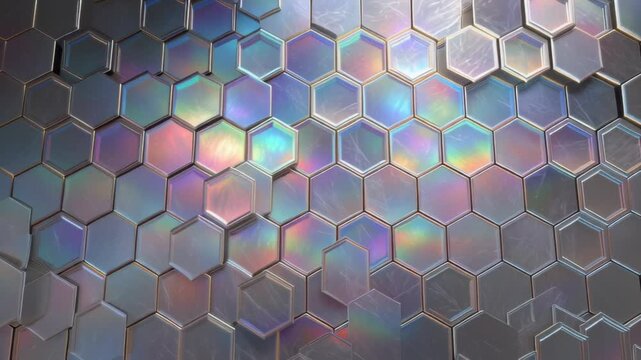 Abstract hexagonal metallic pattern with iridescent rainbow reflections