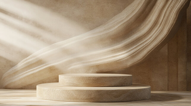 Stone podium set against a blurred 3D cosmetic background with minimalist design highlighting beauty products, evoking luxury, sophistication, elegance, and modern aesthetic for product display