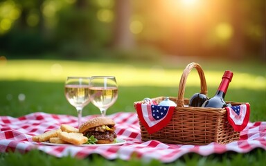 Sparkling independence day gathering in the park. festive Fourth of July picnic in the park featuring a checkered blanket, picnic basket filled with goodies, and vibrant patriotic decorations.