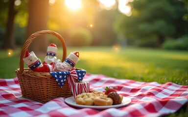 Sparkling independence day gathering in the park. festive Fourth of July picnic in the park featuring a checkered blanket, picnic basket filled with goodies, and vibrant patriotic decorations.