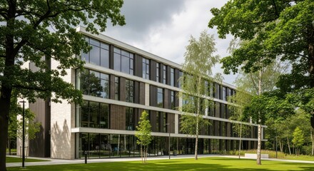 Modern Building Surrounded by Lush Green Trees and Grass.