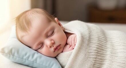 Peaceful Newborn Baby Sleeping Soundly on a Soft Pillow.