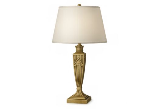 Vintage art deco table lamp with a white lampshade and brass base providing elegant light, transparent background