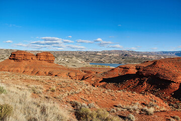 Stunning Red Hills and Rock Formations on the Road to Horseshoe Bend on Bighorn Lake, Bighorn Canyon National Recreation Area in Wyoming.