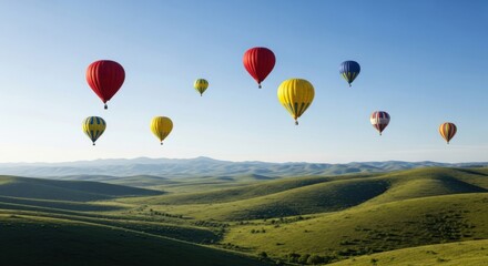 Fototapeta premium Colorful hot air balloons float over rolling green hills under a clear blue sky