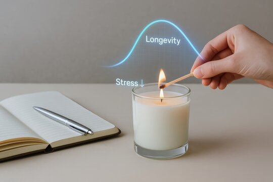 Longevity-Healthy Lifespan, Hand lighting a scented candle beside a notebook and pen, evoking relaxation, mindfulness, and stress reduction.