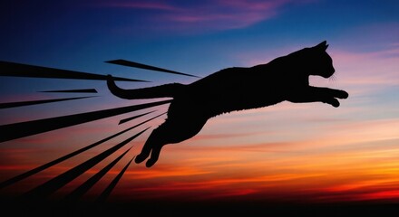 Silhouette of a cat jumping against a vibrant sunset sky with motion blur.