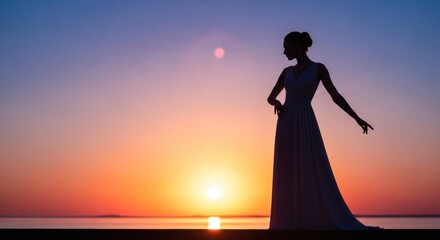Silhouette of a woman in a dress standing by the sea at sunset.