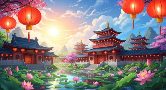 Vibrant asian temple scene with lanterns and lotus flowers at sunset