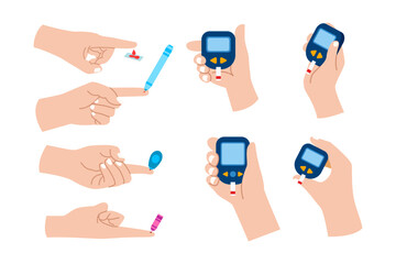 Set of hand holding glucometer and finger pricks set collection. Taking of blood from a finger for analysis. Finger pricking for blood test using a lancet. Test sugar check level in blood, diabetes.